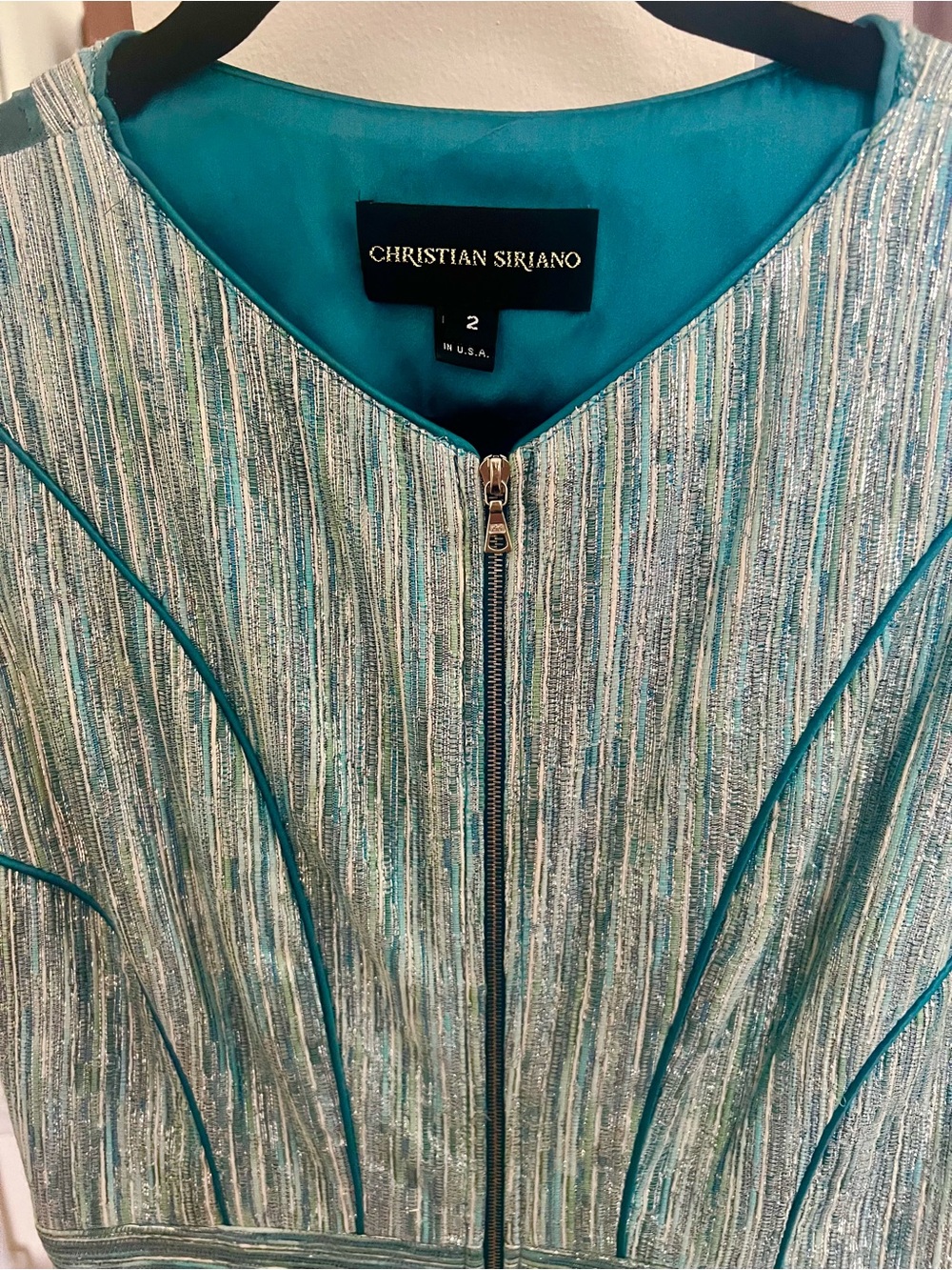 Christian Siriano 100% Silk Teal-Lined Metallic Thread Zip Dress - Picture 2 of 6